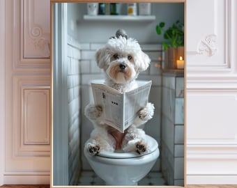 Funny Maltipoo Bathroom Print – Dog on Toilet, Newspaper Wall Art