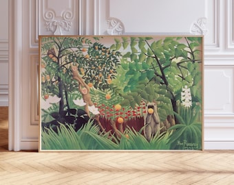 Impresión de Henri Rousseau, paisaje selvático exótico, arte floral animal