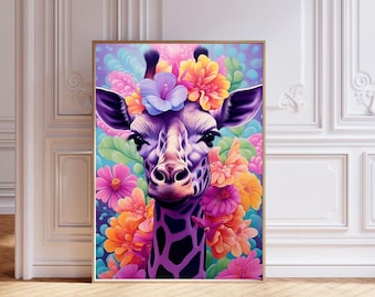 Tropical Giraffe Art Print, Floral Home Decor, Whimsical Animal Poster