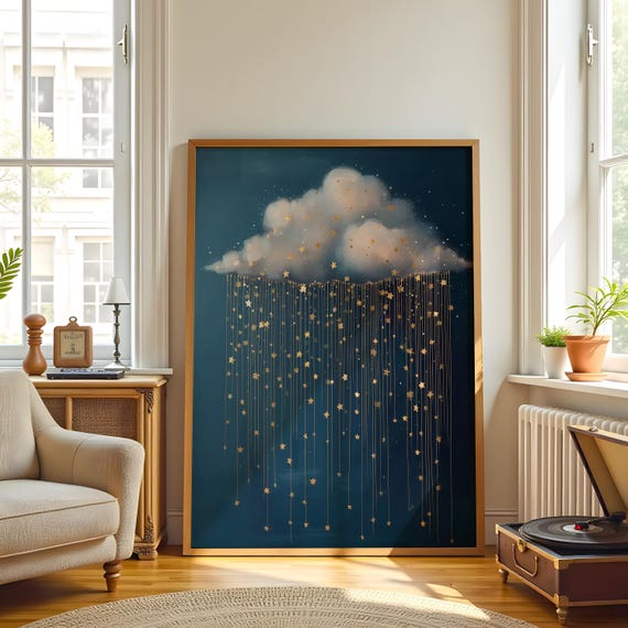 Cloud Art Print, Moody Abstract Design - Gold Rain, Minimalist Style