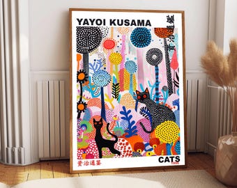 Yayoi Kusama Print, Japanese Art, Yayoi Kusama Poster, Whimsical Landscape Art. Exhibition Poster, Asian Wall Décor, Cats Print, Gift Idea
