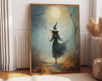 Witch Under Moon Print: Gothic Halloween Wall Art