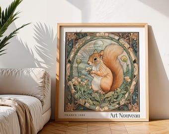 Squirrel Art Nouveau Print – Vintage French Botanical Decor