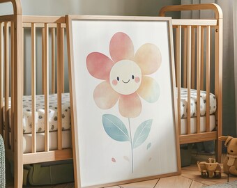 Smiley Flower Nursery Print - Whimsical Kids Room Wall Art