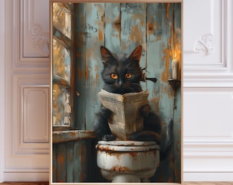 Funny Black Cat Print – Halloween Wall Art, Spooky Bathroom Décor
