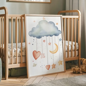 Dreamy Cloud Nursery Print - Moon and Stars Wall Art - Watercolor Baby Room Poster - Boho Sky Mobile Illustration - Neutral Nursery Decor