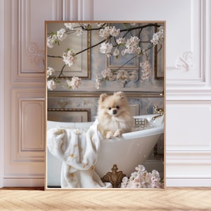 Pomeranian in Bathtub Art Print – Cute Dog Poster, Bubble‑Bath Bathroom Décor, Quirky Pom Gift, Pet Wall Art for Home & Nursery
