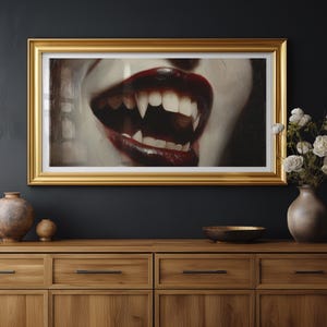 Vampire Fangs Print – Gothic Horror Wall Art Print - Dark Vampire Aesthetic Decor - Moody Macabre Fantasy Painting - Vampire Painting