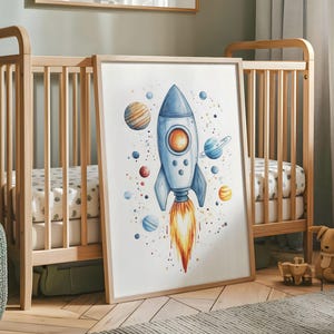 May include: A watercolour painting of a blue rocket ship flying through space with planets and stars. The rocket has a yellow flame coming out of the back.