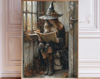 Witch on Toilet Reading Newspaper Print – Rustic Autumn Halloween Wall Art