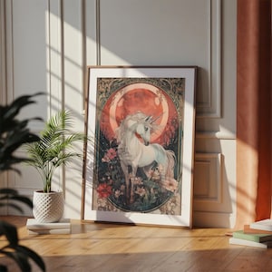 Fantasy Unicorn Print – Art Nouveau Wall Art – Mystical Creature Illustration, Floral Fairy Tale Décor, Whimsical Magical Animal Artwork