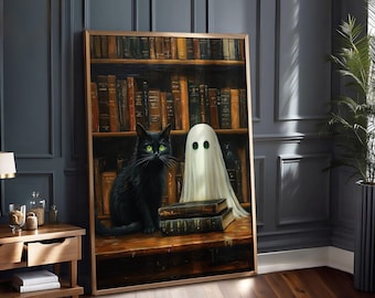 Impresión de biblioteca de fantasmas y gatos negros, arte mural gótico y espeluznante de Halloween