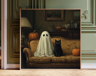 Ghost and Black Cat Print – Spooky Halloween Art