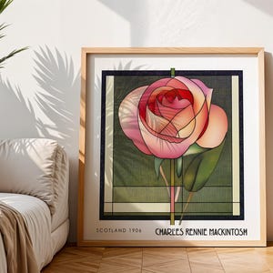 Rosenblommigt Charles Rennie Mackintosh-tryck – Art Nouveau-målat glas-stil bild 1