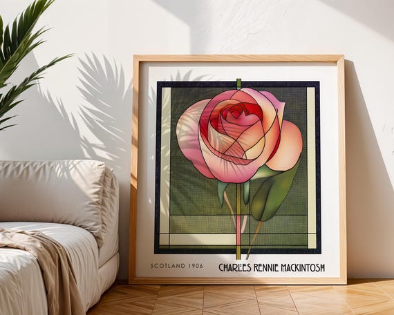 Rose Floral Charles Rennie Mackintosh Stained Glass Print – Art Nouveau Wall Art - Art Deco Decor - Inspired Poster Print - Square Print