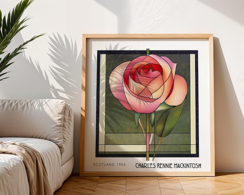 Rosenblommigt Charles Rennie Mackintosh-tryck – Art Nouveau-målat glas-stil bild 1