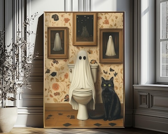 Impresión de baño de fantasma y gato negro: decoración espeluznante para Halloween.