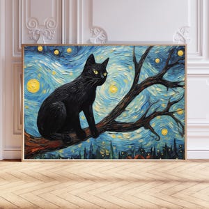 Van Gogh Print, Starry Night, Van Gogh Poster, Altered Art Print, Van Gogh Wall Art Home Décor, Black Cat Print, Cat lovers Gift A2/A3/A4/A5
