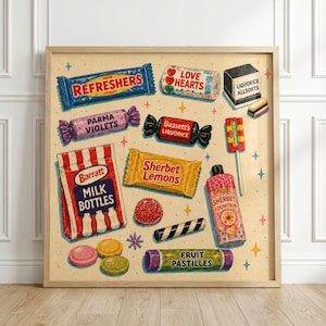 May include: A framed print showcasing a selection of classic British sweets. The image includes Refreshers, Parma Violets, Love Hearts, Bassett's Liquorice, Sherbet Lemons, and Fruit Pastilles. The artwork has a vintage style with a cream-colored background.