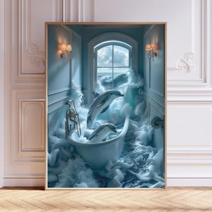 Dolphin in a Bath print, Dolphin Bathing – Funny Bathroom Print, Animal in bathtub,  Dolphin in Tub Print, Whimsy Animal