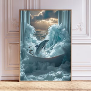 Dolphin in Ocean a Bath print, Dolphin Bathing – Funny Bathroom Print, Animal in bathtub,  Dolphin in Tub Print, Whimsy Animal