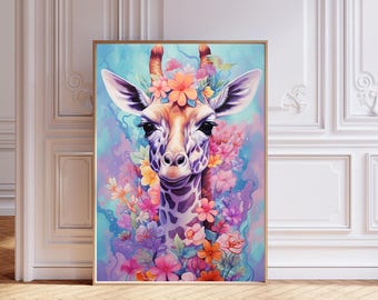 Giraffe Print - Tropical Floral Animal Poster, Botanical Wall Art