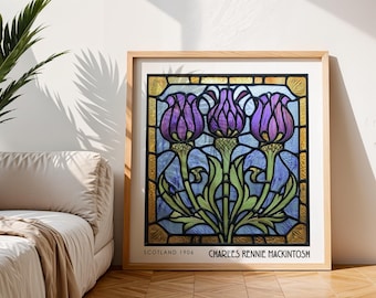 Charles Rennie Mackintosh Målat Glas Tisteltryck – Art Nouveau Väggkonst – Art Deco-dekor – Blommig Poster – Kvadratiskt Tryck