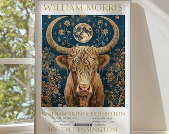 William Morris Highland Cow Poster, Vintage Textiles Art Print