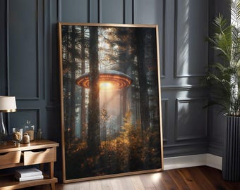 May include: A framed print of a forest scene with a flying saucer hovering above the trees. The saucer is glowing with a warm light, and the forest is bathed in a soft, golden light.