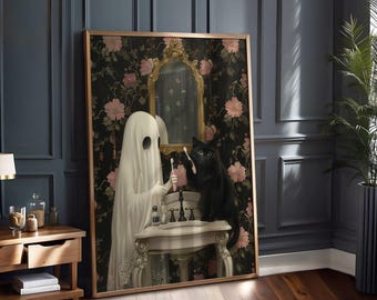 Lámina artística de tocador de fantasma y gato, decoración de pared gótica espeluznante