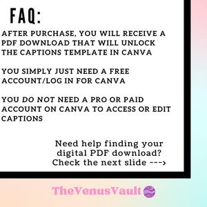 Pu&ograve; includere: FAQ: Dopo l'acquisto, riceverai un download PDF che sbloccher&agrave; il modello di didascalie in Canva. Hai solo bisogno di un account gratuito/accedere a Canva. Non hai bisogno di un account pro o a pagamento su Canva per accedere o modificare le didascalie. Hai bisogno di aiuto per trovare il tuo download PDF digitale? Controlla la diapositiva successiva ---> The Venus Vault