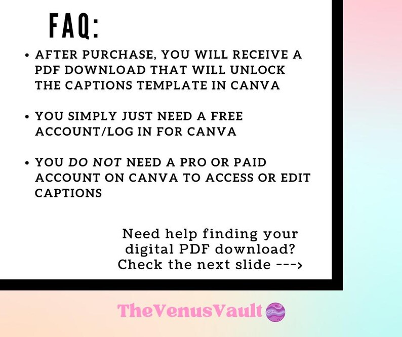 Pu&ograve; includere: FAQ: Dopo l'acquisto, riceverai un download PDF che sbloccher&agrave; il modello di didascalie in Canva. Hai solo bisogno di un account gratuito/accedere a Canva. Non hai bisogno di un account pro o a pagamento su Canva per accedere o modificare le didascalie. Hai bisogno di aiuto per trovare il tuo download PDF digitale? Controlla la diapositiva successiva ---> The Venus Vault