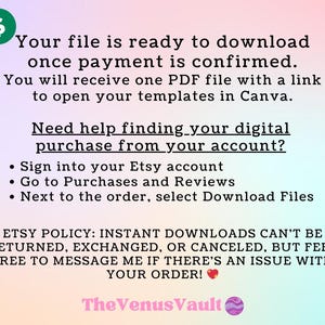 May include: A digital download information graphic with a dollar sign icon. Text includes instructions on downloading files after payment confirmation, accessing Etsy purchases, and the Etsy policy on returns. The Venus Vault logo is at the bottom.