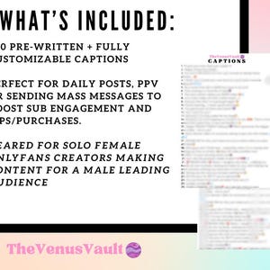 May include: A white background with black text listing features of a product. The text reads "WHAT'S INCLUDED:" followed by bullet points detailing 300 pre-written captions, ideal for daily posts, and geared towards OnlyFans creators. The Venus Vault logo is at the bottom.
