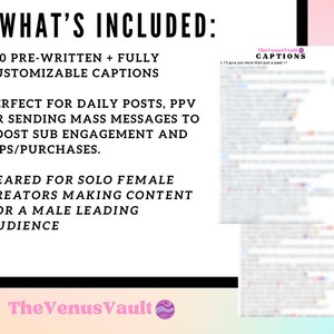 Pu&ograve; includere: Un elenco di prodotti digitali per 150 didascalie pre-scritte e personalizzabili per i social media. Il testo dice "Cosa &egrave; incluso: 150 didascalie pre-scritte + completamente personalizzabili. Perfetto per post quotidiani, PPV o l'invio di messaggi di massa per aumentare l'engagement degli abbonati e suggerimenti/acquisti. Progettato per creatrici soliste che creano contenuti per un pubblico maschile. The Venus Vault Captions. Ti dar&ograve; pi&ugrave; di un semplice sguardo."