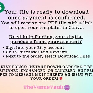 Pu&ograve; includere: Una notifica di download digitale con istruzioni su come accedere al tuo acquisto. Il testo recita: "Il tuo file &egrave; pronto per il download una volta che il pagamento &egrave; stato confermato. Riceverai un file PDF con un link per aprire i tuoi modelli in Canva. Hai bisogno di aiuto per trovare il tuo acquisto digitale sul tuo account? &bull; Accedi al tuo account Etsy &bull; Vai a Acquisti e recensioni &bull; Accanto all'ordine, seleziona Scarica file POLITICA ETSY: I DOWNLOAD IMMEDIATI NON POSSONO ESSERE RESTITUITI, SCAMBIATI O CANCELLATI, MA SENTITI LIBERO DI INVIARMI UN MESSAGGIO SE C'&Egrave; UN PROBLEMA CON IL TUO ORDINE! The Venus Vault"