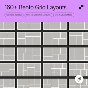 Może przedstawiać: Siatka z ponad 160 różnymi układami do tworzenia pudełek bento. Układy są w jasnoszarym kolorze z czarnymi liniami. Tekst "160+ Bento Grid Layouts" znajduje się w górnej części obrazu. Teksty "VARIABLE TOKENS", "16:9, 4:3 & SQUARE LAYOUTS" i "LIGHT & DARK MODE" znajdują się w przyciskach w górnej części obrazu.