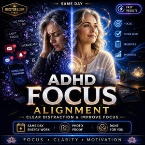 May include: A digital graphic featuring the text ADHD FOCUS ALIGNMENT. The left side shows a stressed person with icons for notifications and distractions. The right side shows a calm person with icons for focus, clear mind, and progress.