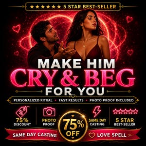 Puede incluir: Un gráfico promocional con un hombre y una mujer con el texto MAKE HIM CRY & BEG FOR YOU, ritual personalizado, resultados rápidos, prueba fotográfica incluida, 75% de descuento, hechizo el mismo día, bestseller de 5 estrellas y amarre.