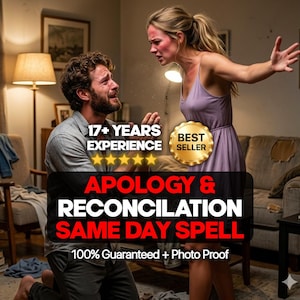 May include: An image shows a man kneeling before a woman, with text overlayed reading "APOLOGY & RECONCILIATION SAME DAY SPELL." The image also includes the text "17+ YEARS EXPERIENCE" and "100% Guaranteed + Photo Proof."