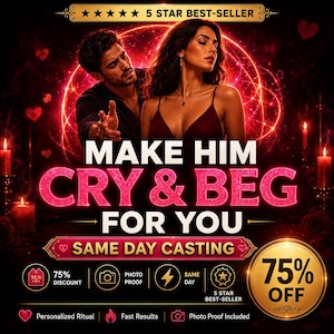 Peut inclure: Un graphique promotionnel montrant un homme et une femme avec le texte MAKE HIM CRY & BEG FOR YOU et SAME DAY CASTING. Le design inclut une bannière 5 STAR BEST-SELLER, un sceau doré 75% OFF, et des icônes pour preuve photo et résultats rapides.
