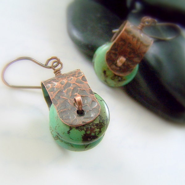 Hammered Copper Earrings - Metalwork Magnesite Gemstone - Earthy Green Stone - Southwest Fashion - Rollin