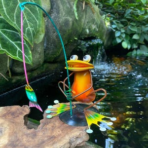 Frog Fishing from Metal Sheets, Unique Sculpture for Home and Garden Decor