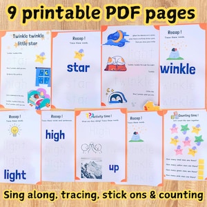 Op de afbeelding: Negen printbare PDF-pagina's voor kinderen om de woorden "ster", "winkle", "licht", "hoog" en "omhoog" te leren. De pagina's bevatten traceeractiviteiten, telactiviteiten en een meezingactiviteit.