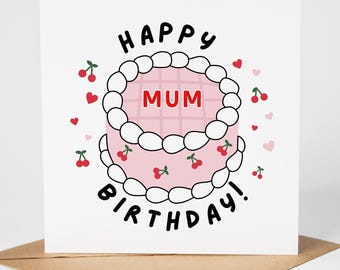 Mum Cute Birthday Card, Happy Birthday Mum Card, Vintage Birthday Card, Card for Mum, Birthday Cake Card, Cherry Birthday Card