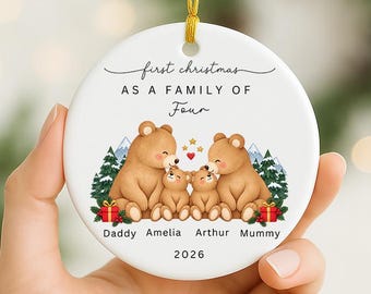 Family First Christmas Decoration, Christmas Bauble Gift Ceramic Ornament for Family of Three, Four, Five Personalised Family Ornament