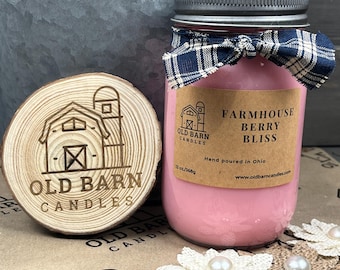 16oz Scented Mason Jar Candle, Kraft Label, Farmhouse, Rustic, Gingham Bow, Year Round, Lid, Colorful Display, Soy Blend, Smooth, Silky