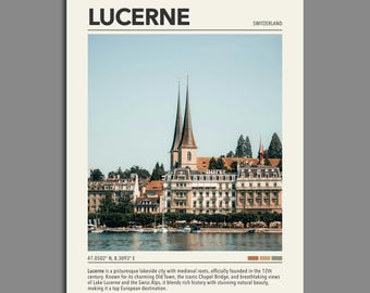 Cartaz de viagem do Canal de Lucerna 2 | Impressão da cidade da Suíça | Download digital minimalista | Arte de parede europeia