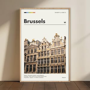 Brussels City Poster – Belgium Travel Wall Art, Minimalist Iconic Houses Print, Vintage Brussels Photography, European City Decor
