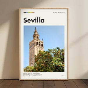 Seville Wall Art – Church & Orange Tree Poster, Minimalist Spain Travel Print, Vintage Sevilla Photography, Andalusian Decor